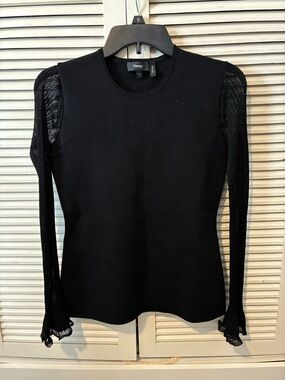 Theory Black Long-Sleeve Top with Sheer Mesh Sleeves